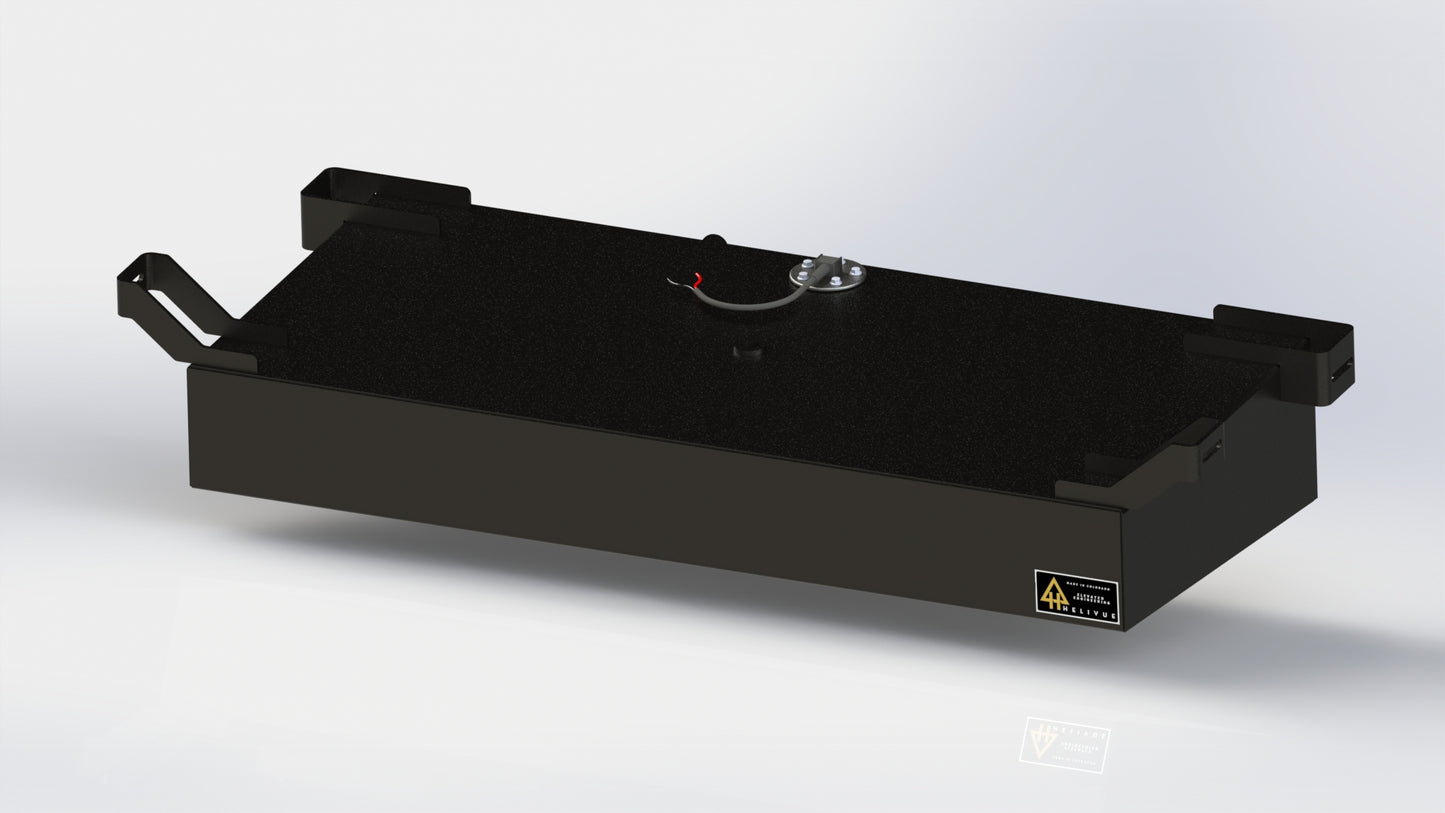 A 3D product render of a black, high-clearance aluminum auxiliary fuel tank by Helivue Design, engineered for the 4th Gen Tacoma and 3rd Gen Tundra.