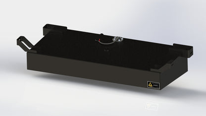 A 3D product render of a black, high-clearance aluminum auxiliary fuel tank by Helivue Design, engineered for the 4th Gen Tacoma and 3rd Gen Tundra.