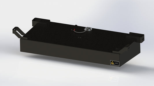 A 3D product render of a black, high-clearance aluminum auxiliary fuel tank by Helivue Design, engineered for the 4th Gen Tacoma and 3rd Gen Tundra.