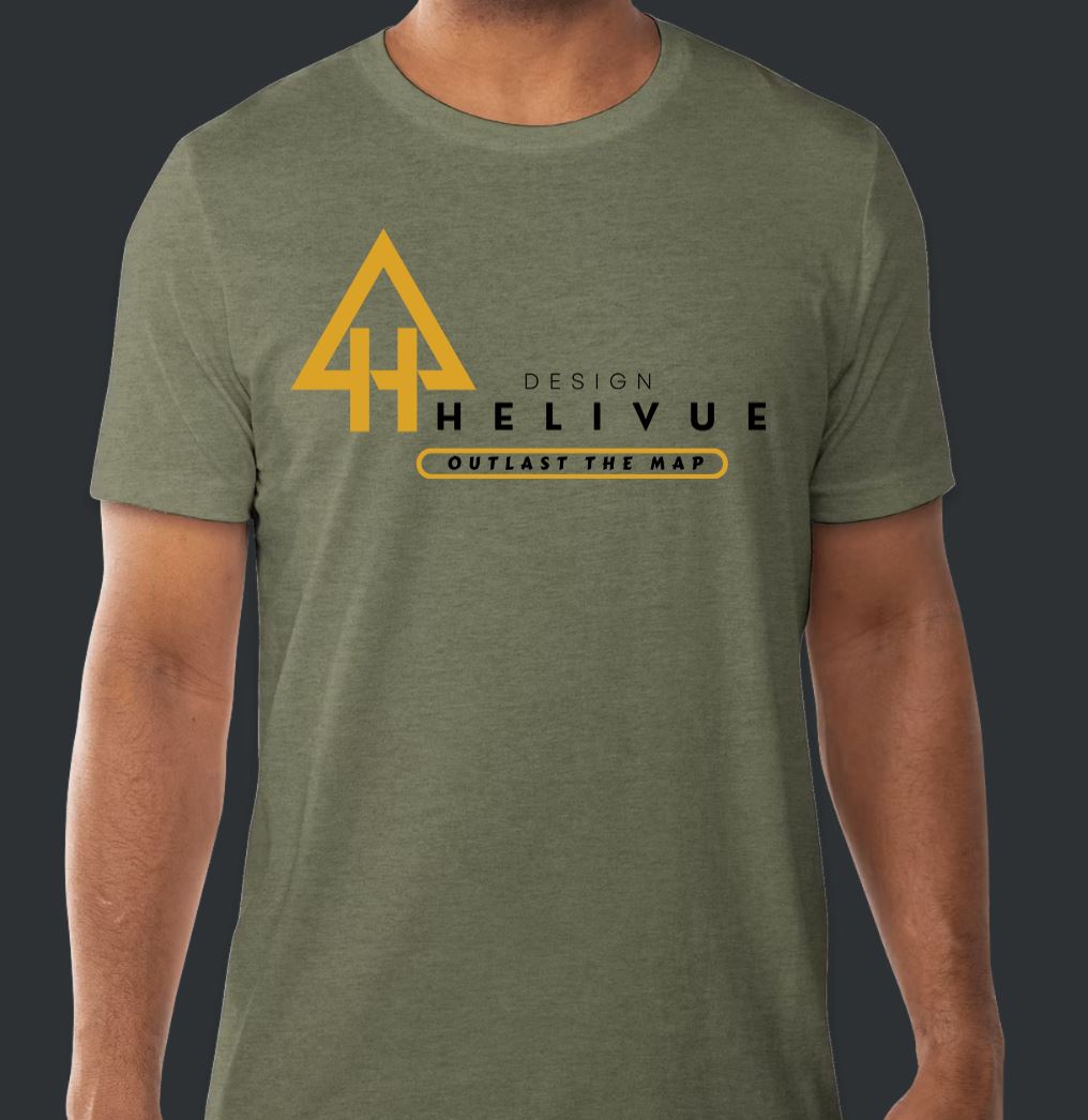 Helivue Design heather green t-shirt front logo - Outlast the Map