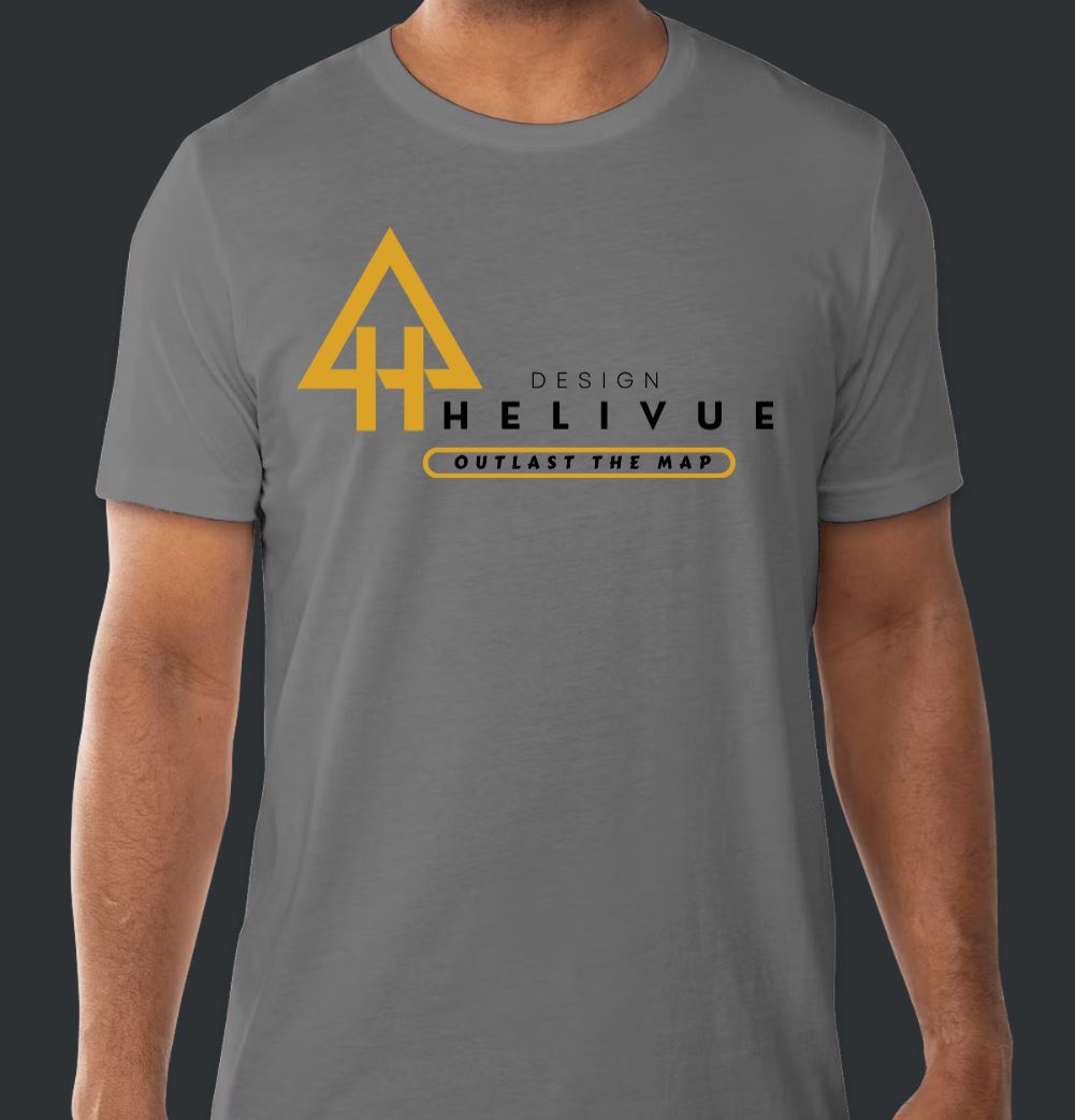 Helivue Design grey t-shirt front logo - Outlast the Map